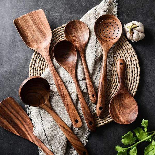 Utensilios de Cocina de Madera de Teca Hechos a Mano | Set de 7 piezas