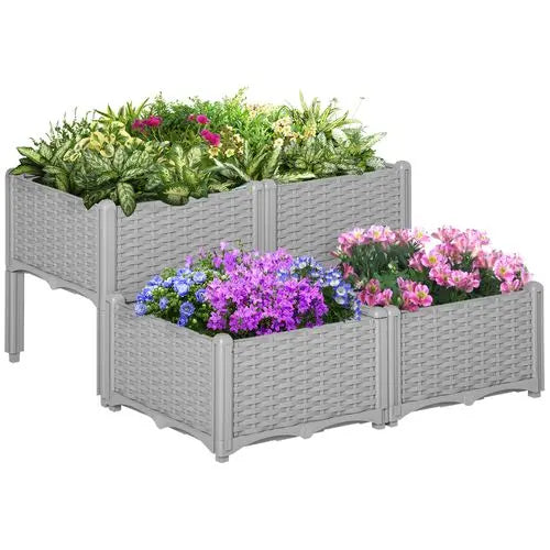 Raised Plastic Planter Box – Self-Draining Rattan-Style Design for Outdoor Gardening