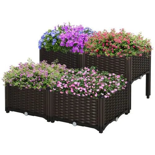 Raised Plastic Planter Box – Self-Draining Rattan-Style Design for Outdoor Gardening
