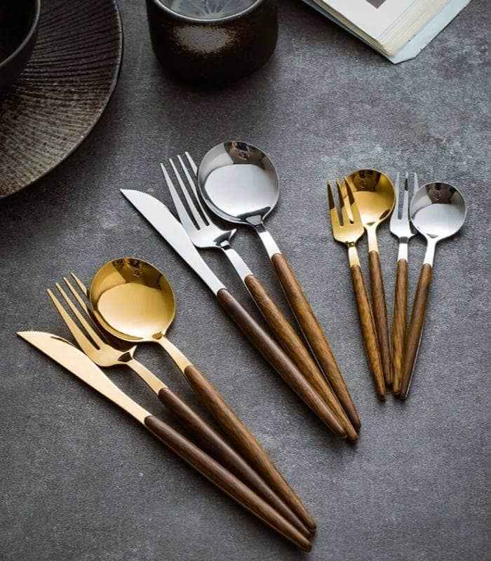 Ménagère en acier inoxydable brossé – Détails bois naturel | Virelle Maison