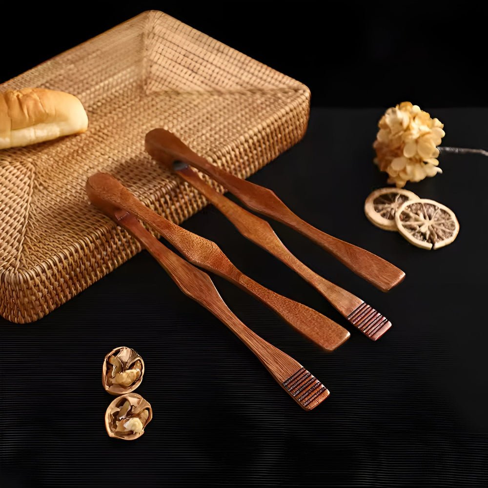 Pinces de cuisine en bois naturel, finition résistante à la chaleur
