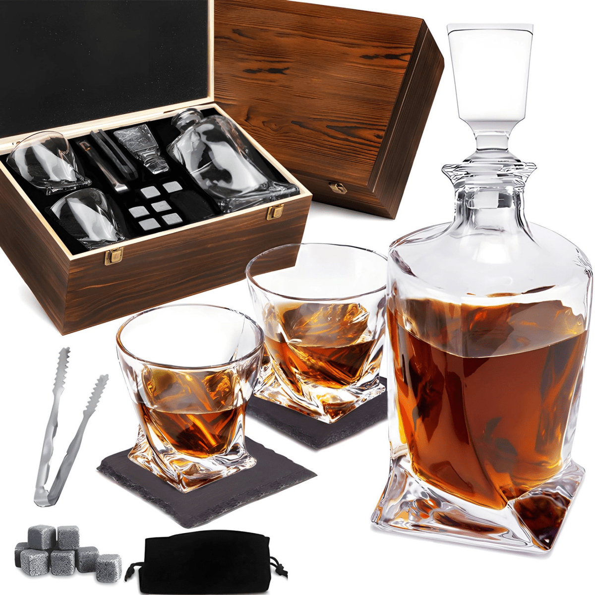 Service à whisky en verre cristallin – Carafe et pierres rafraîchissantes | Virelle Maison