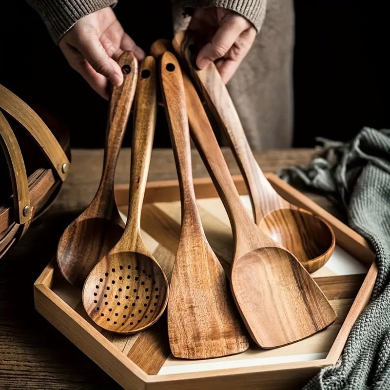 Set d’ustensiles de cuisine en bois naturel (5 pièces) | Virelle Maison