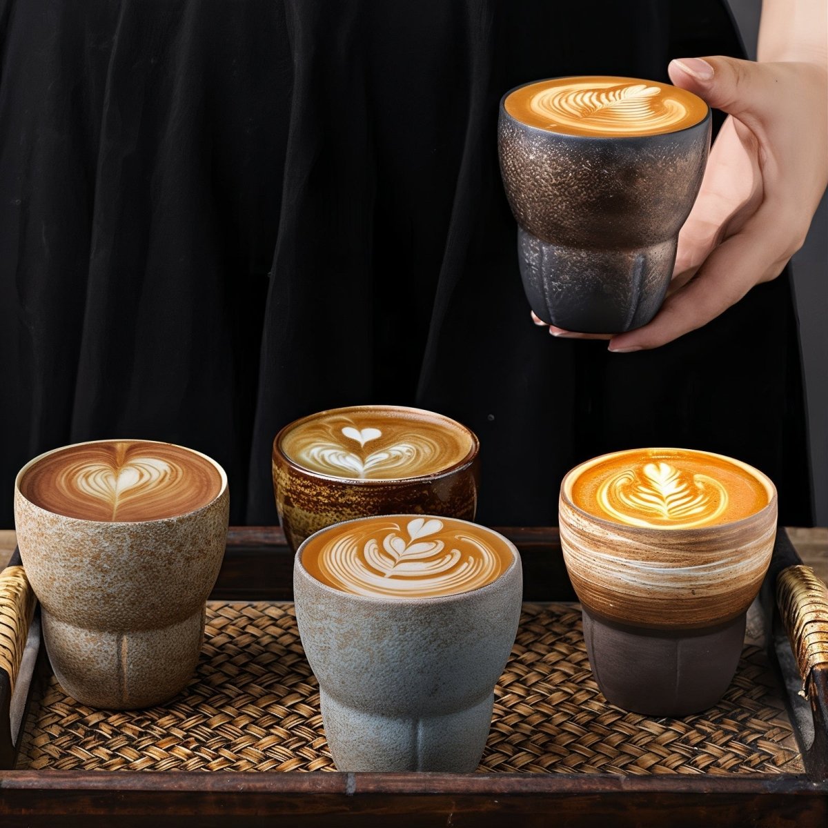 Tasses à café obliques en céramique avec poignée en bois | Virelle Maison