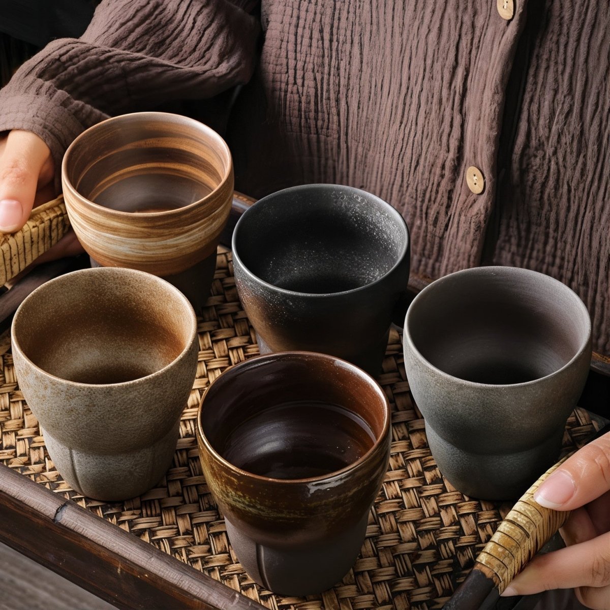 Tasses à café obliques en céramique avec poignée en bois | Virelle Maison