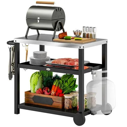 Outdoor BBQ Prep Table – Stainless Steel Worktop with Storage & Wheels